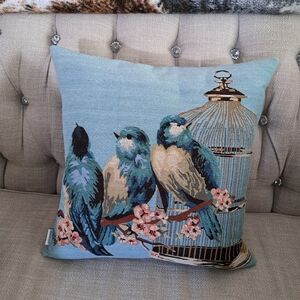 Blue Songbird Decorative Throw Pillow with Birdcage